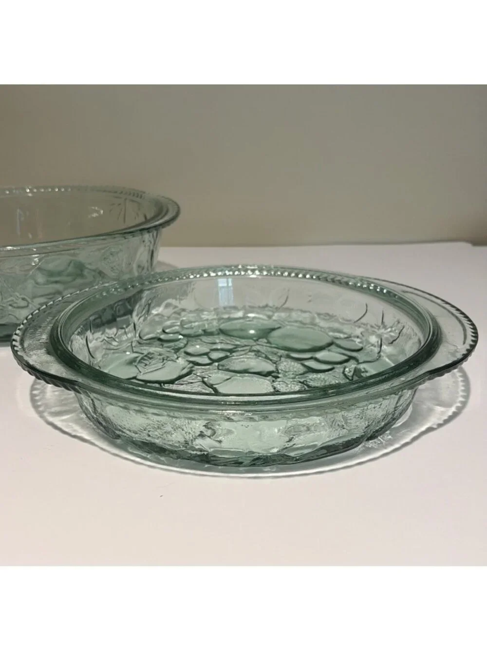 3 Qt Libbey Orchard Fruit Green Glass Casserole Baking Dish W/ Pie Plate Lid
